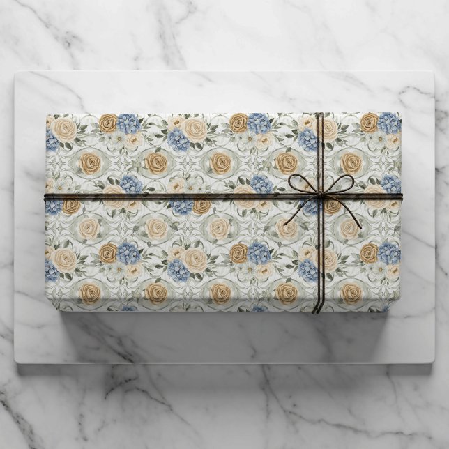 Papel De Presente Dusty Blue Floral Wedding Gift Wrapping Paper (Criador carregado)