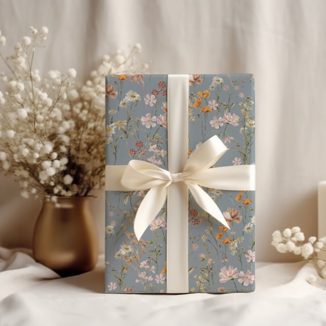 Papel De Presente Dusty Blue Wildflower Boho Bloden Boho (Criador carregado)