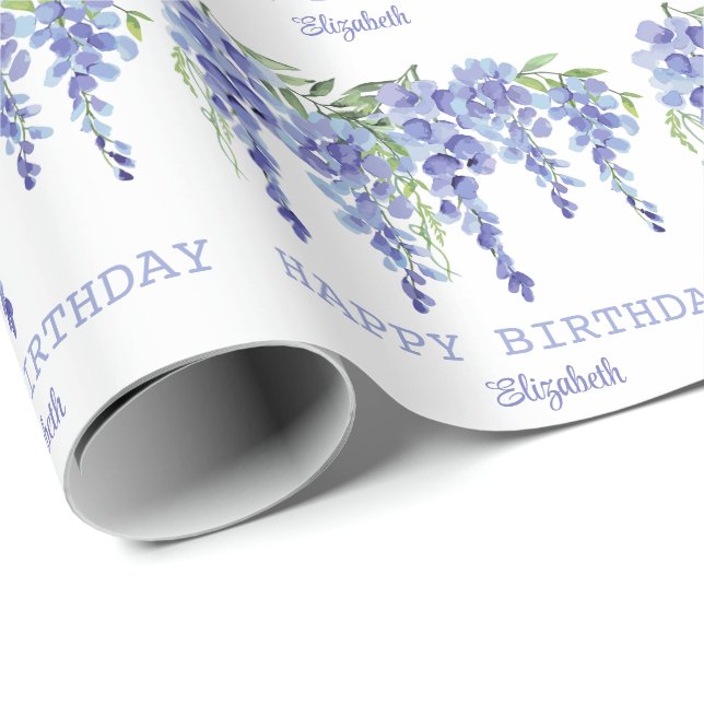 Papel De Presente Dusty Blue Wisteria Floral Happy Birday (Ponta do rolo)