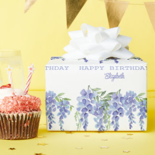 Papel De Presente Dusty Blue Wisteria Floral Happy Birthday Wrappin