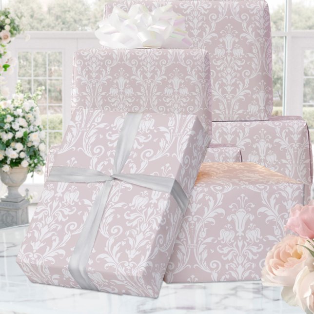 Papel De Presente Dusty Rosa White Damask Elegant Wedding (Criador carregado)