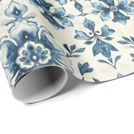 Papel De Presente Dutch Floral Tile Gift Wrap, Delft Blue Pattern