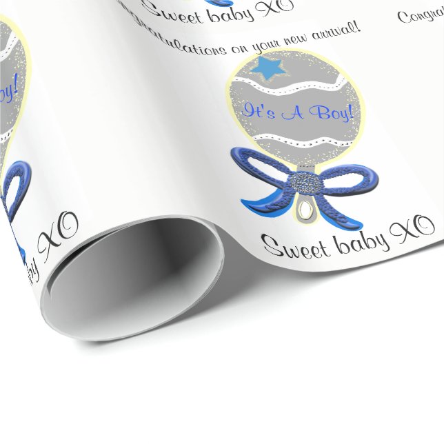 Papel De Presente É um menino Blue Baby Rattle (Ponta do rolo)