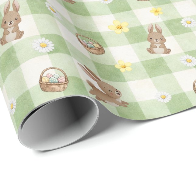 Papel De Presente Easter Bunny Green Gingham Wrapping Paper (Ponta do rolo)