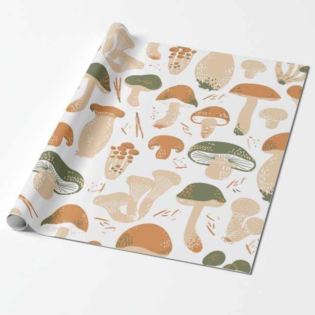Papel De Presente Edible Mushrooms seamless pattern. Linocut old sty (Desenrolado)