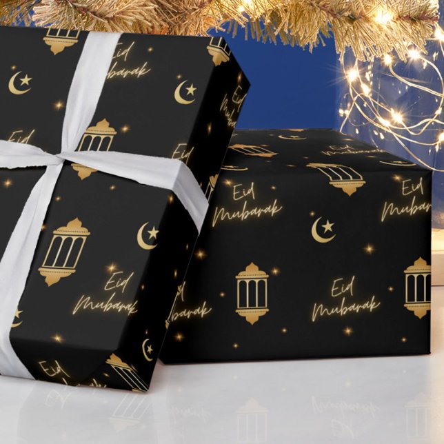 Papel De Presente Eid Mubarak Black + Lanternas Elegantes Douradas + (Elegant, modern "Eid Mubarak" black + gold wrapping paper, for your Eid gifting!)
