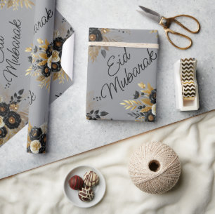 Papel De Presente Eid Mubarak - cinza Floral Black Dourada