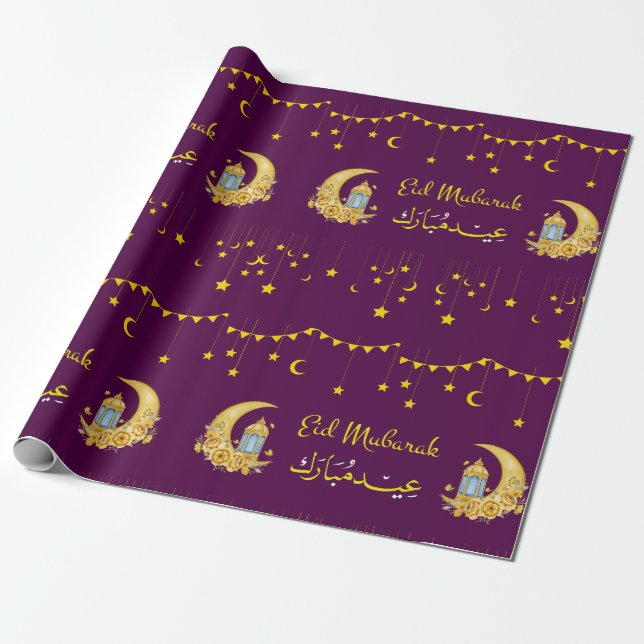 Papel De Presente Eid Mubarak Cresent Moon Islâmico Wrappaper (Desenrolado)