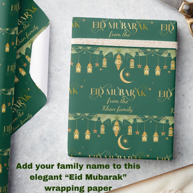 Papel De Presente Eid Mubarak Nome Personalizado Lanternas Verdes Do (Personalize this elegant emerald green + gold "Eid Mubarak" wrapping paper with your family name!)