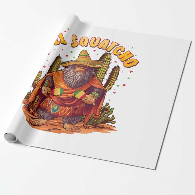 Papel De Presente El Squatcho Bigfoot com Maraca, Sombrero e Ponc (Desenrolado)