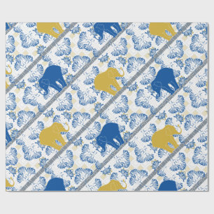 Papel De Presente Elefante Azul Dourado Floral Safari Padrão da Selv