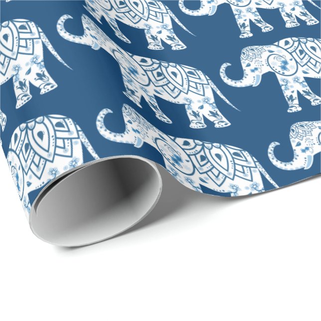Papel De Presente Elefante azul modelado ornamentado (Ponta do rolo)