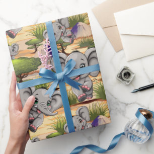 Papel De Presente Elefante Bebê Pulando Feliz em Savana Africana