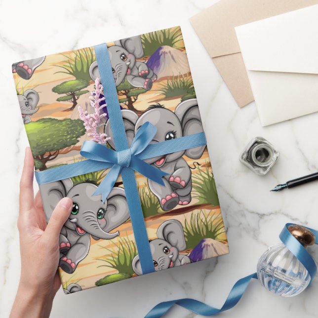 Papel De Presente Elefante Bebê Pulando Feliz em Savana Africana (Presentear)