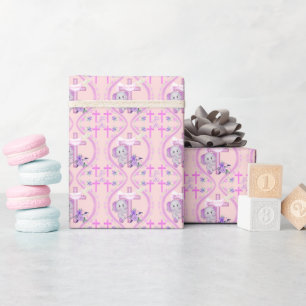 Papel De Presente Elefante Bebê Rosa Com Pomba E Batismo De Cruz