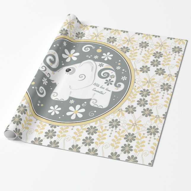 Papel De Presente Elefante branco de cinza amarela (Desenrolado)