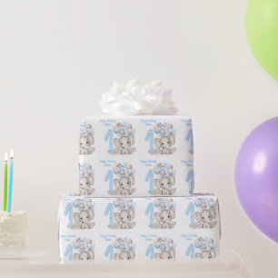 Papel De Presente Elefante Cute   primeiro aniversario Blue Personal
