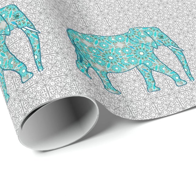 Papel De Presente Elefante de flor de Mandala - turquesa, cinza e br (Ponta do rolo)