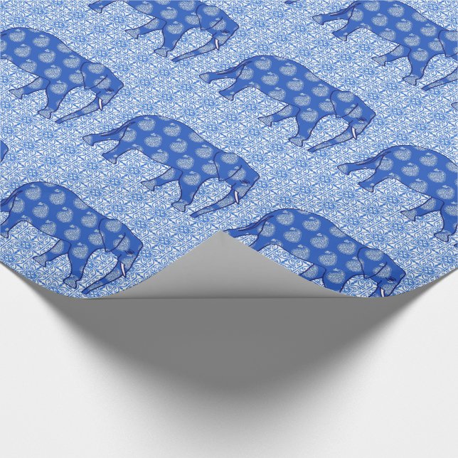 Papel De Presente Elefante de Paisley - azuis cobaltos e branco (Ponta)