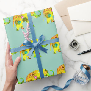 Papel De Presente Elefante em Estilo Cartoon Flores Vibrantes Divert