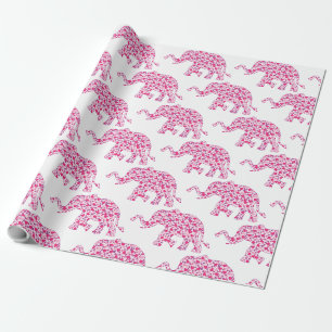 Papel De Presente Elefante Fofo feito de Corações Pequenos Rosa