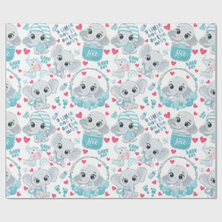 Papel De Presente Elefante Menino Bebê Bonito Azul Chá de Bebê Batis