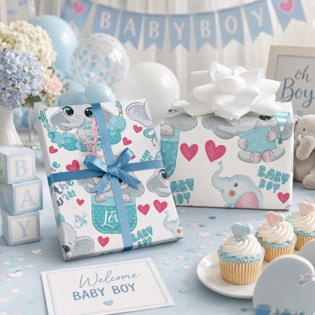 Papel De Presente Elefante Menino Bebê Bonito Azul Chá de Bebê Batis (Criador carregado)