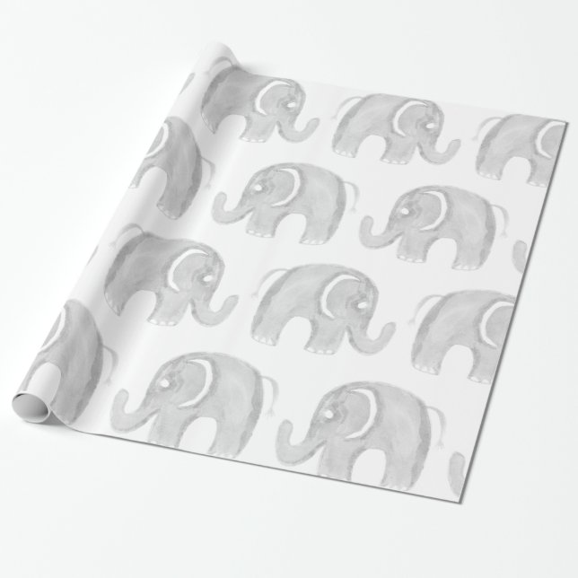 Papel De Presente Elefante pintado mão da aguarela moderna do branco (Desenrolado)