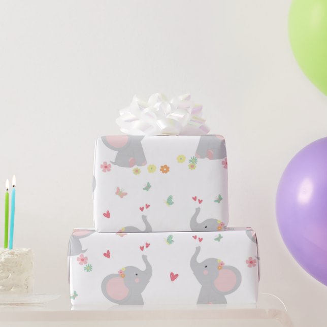 Papel De Presente Elefantes Doce Menina Coração (Presentes para festas)