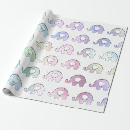 Papel De Presente Elefantes Pastel Holograma Iridescente Branco Rosa