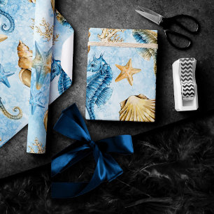 Papel De Presente Elegância Costeira   Moderno Azul e Dourado Sob o 