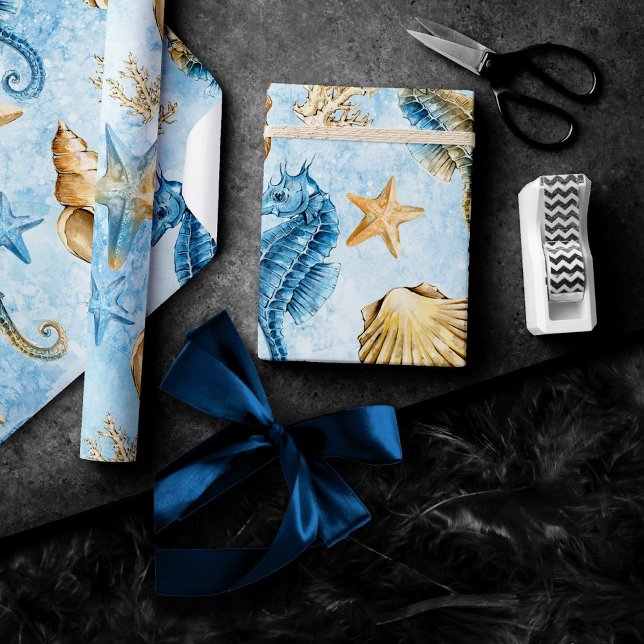 Papel De Presente Elegância Costeira | Moderno Azul e Dourado Sob o  (Criador carregado)