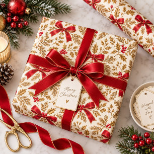 Papel De Presente Elegância de Natal Laços de Cetim Vermelho e Azevi