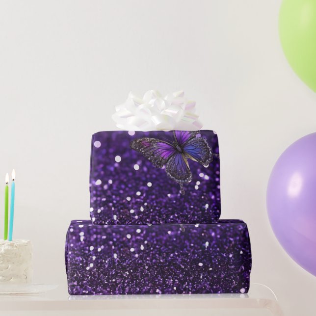 Papel De Presente Elegância Encantadora: A Borboleta Roxa Sparkle (Presentes para festas)
