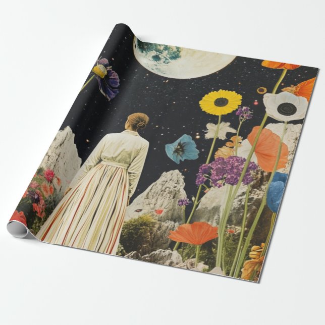 Papel De Presente Elegância Lua - Visão Traseira da Mulher com Lua 3 (Desenrolado)