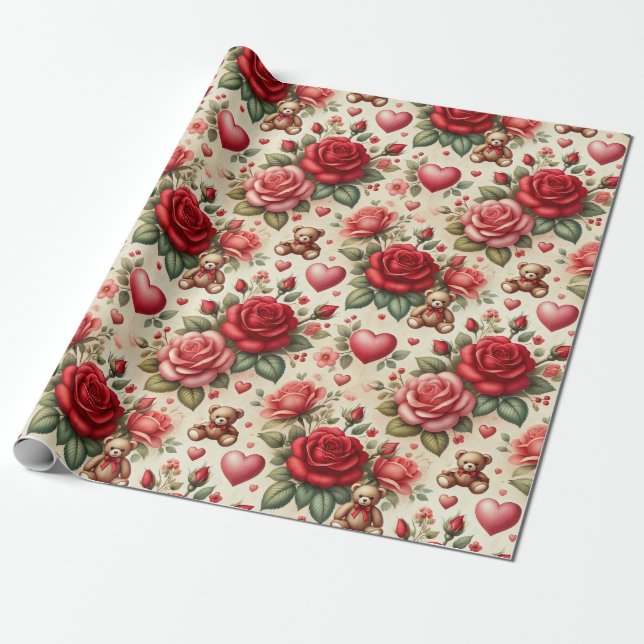 Papel De Presente Elegância Romântica: Rosas e Corações (Desenrolado)