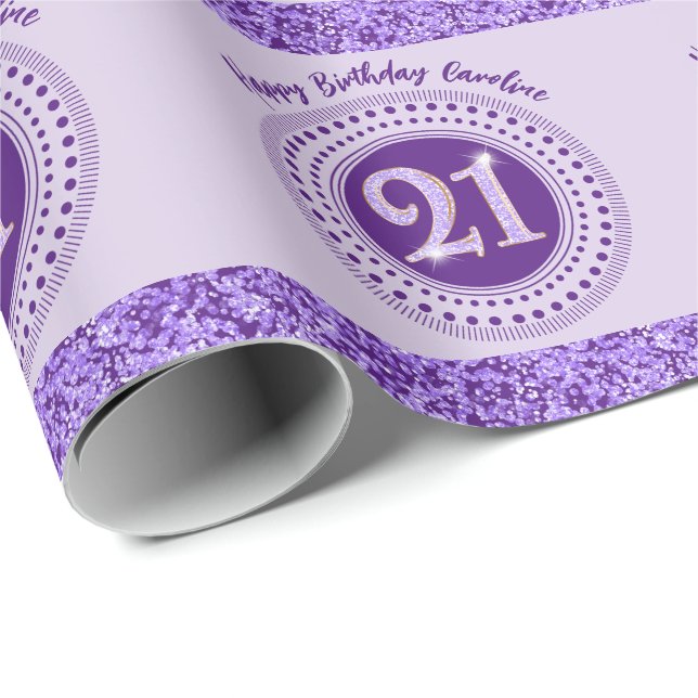 Papel De Presente Elegant 21st Birthday Purple Glitter with Stripes (Ponta do rolo)