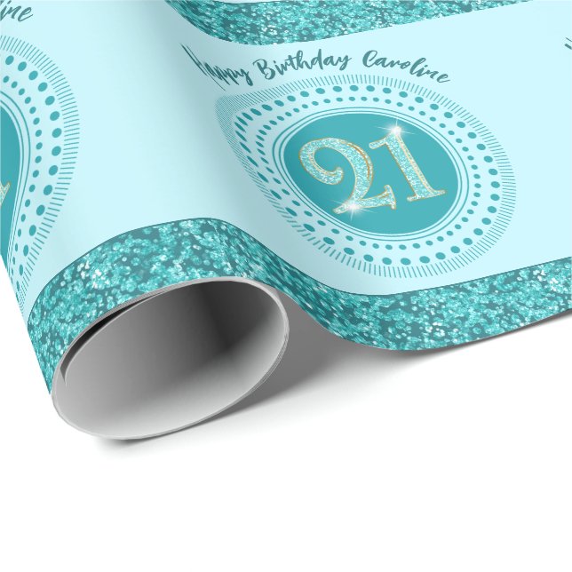 Papel De Presente Elegant 21st Birthday Teal Blue Glitter & Stripes (Ponta do rolo)