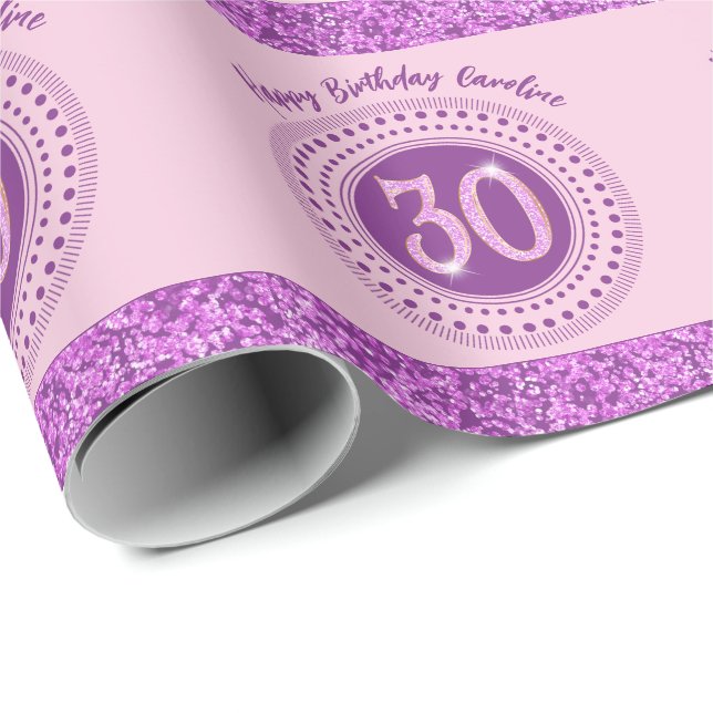 Papel De Presente Elegant 30th Birthday Pink Glitter with Stripes (Ponta do rolo)