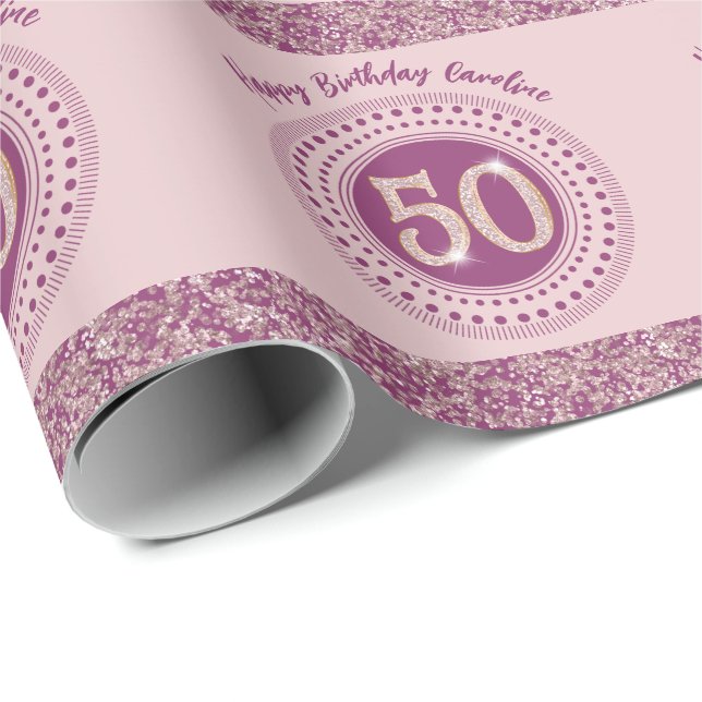 Papel De Presente Elegant 50th Birthday Rose Gold Glitter & Stripes (Ponta do rolo)