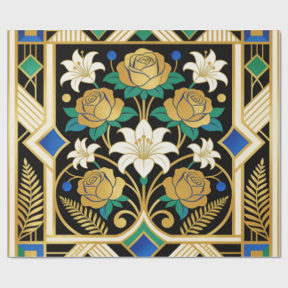 Papel De Presente Elegant Art Deco Golden Roses & Lilies