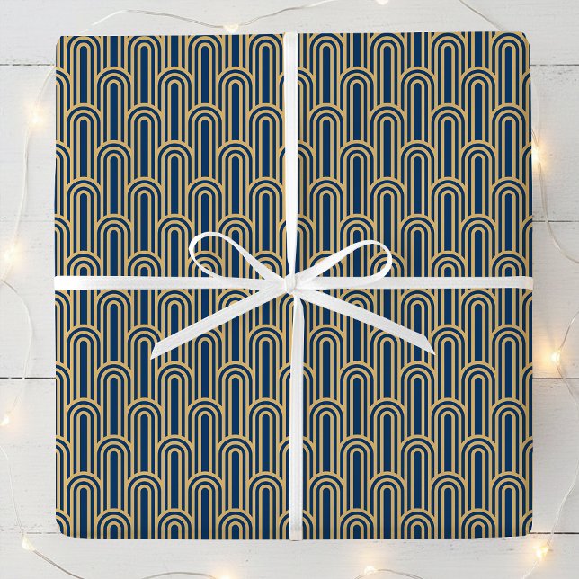 Papel De Presente Elegant Art Deco Pattern Arches Navy Gold Chic (Criador carregado)