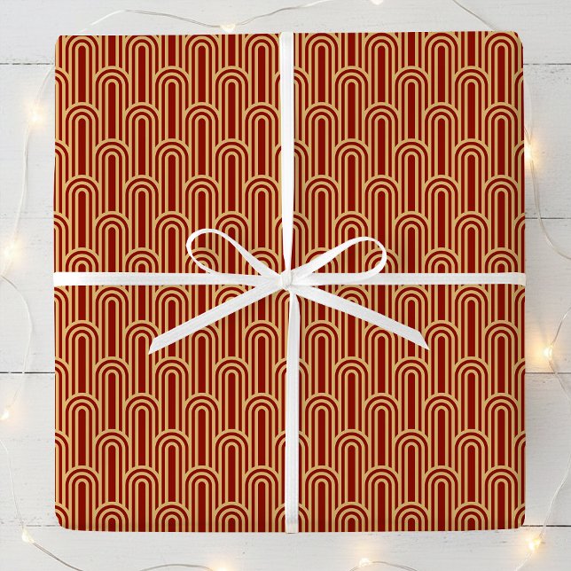 Papel De Presente Elegant Art Deco Pattern Arches Red Gold Chic (Criador carregado)