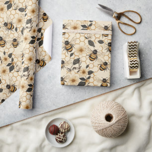 Papel De Presente Elegant Bee and Honeycomb Pattern