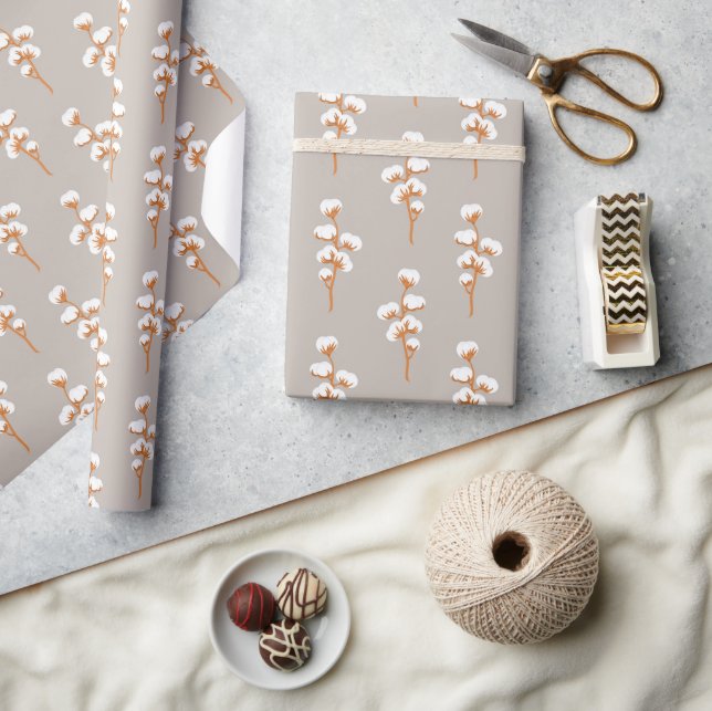 Papel De Presente Elegant Beige Wrapping Paper with Cotton Branch (Artesanato)