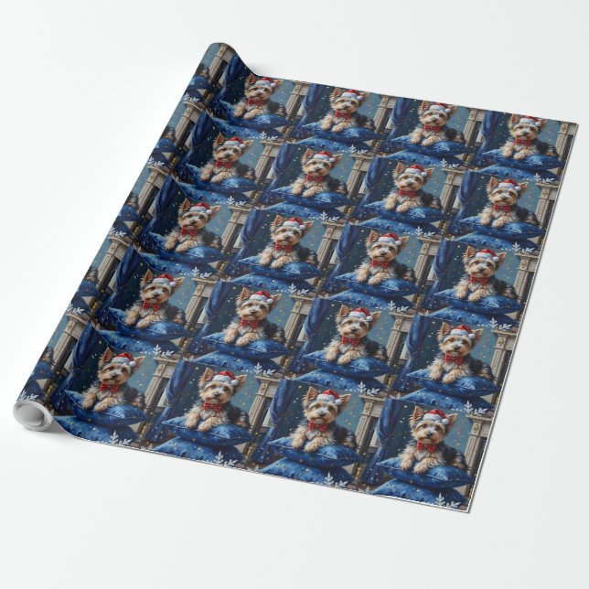 Papel De Presente Elegant Biewer Terrier Dog Velvet Christmas (Desenrolado)
