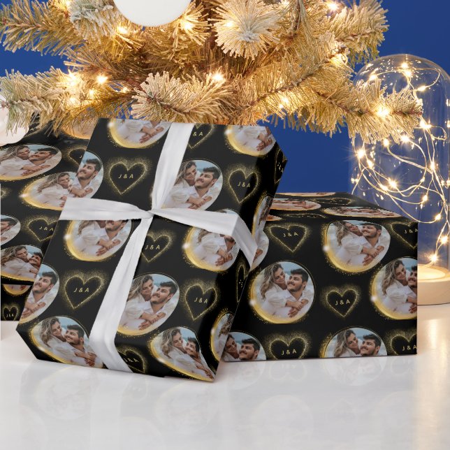 Papel De Presente Elegant Black and Gold Couple Photo Initials  (Feriados)