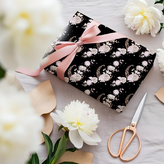 Papel De Presente Elegant Black Floral Peony Celestial Moon & Stars (Elegant Black Floral Peony Celestial Moon & Stars Wrapping Paper)