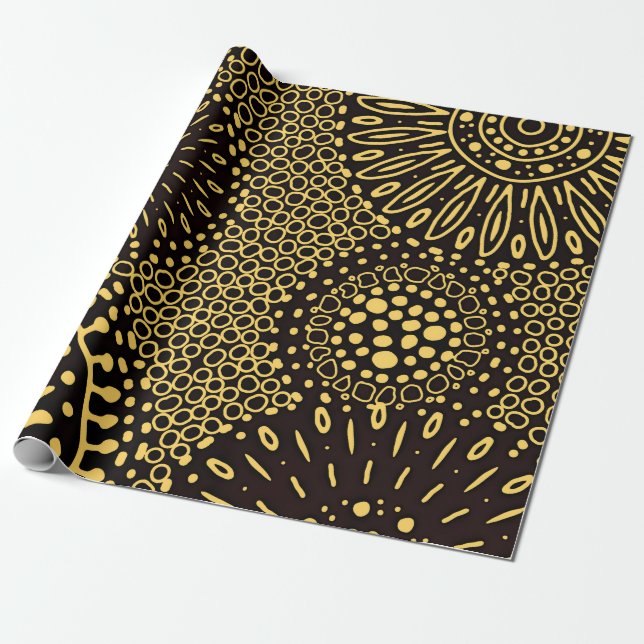Papel De Presente Elegant Black Gold Ethnic Floral Wrapping Paper (Desenrolado)