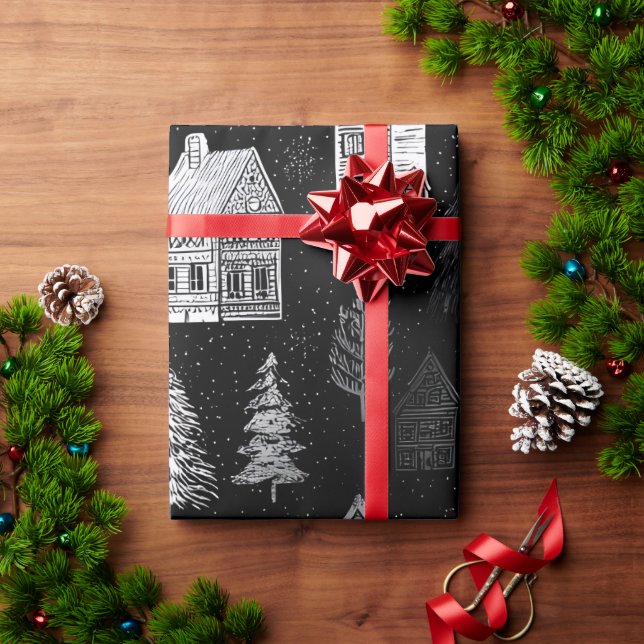 Papel De Presente Elegant Black White Merry Christmas Wrapping Paper (Presente de Natal)